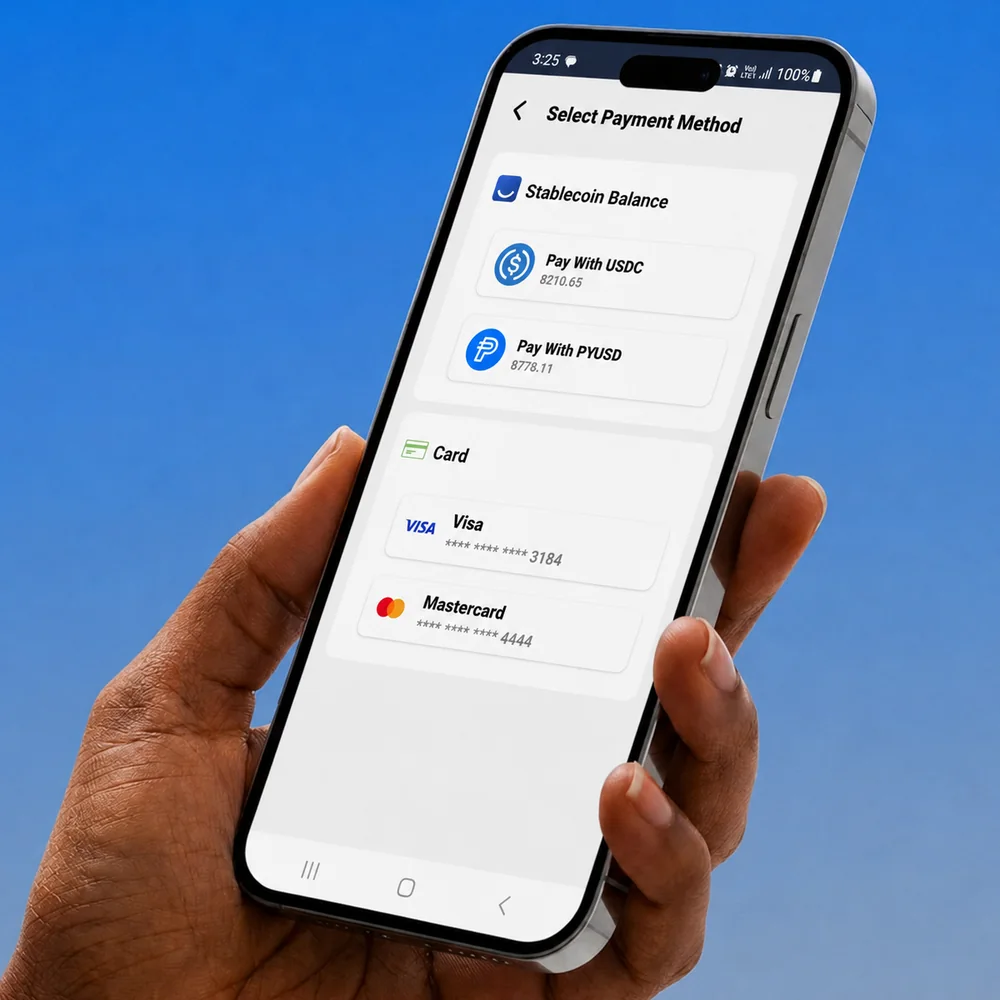 A hand holding a phone on SmilePay's Select Payment Method screen with stablecoin and card options