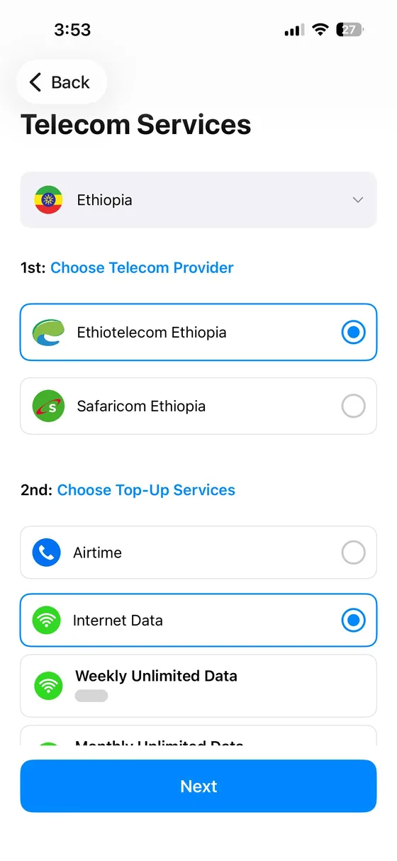 SmilePay Telecom Services screen with Ethiopia, Ethio Telecom and Internet Data selected